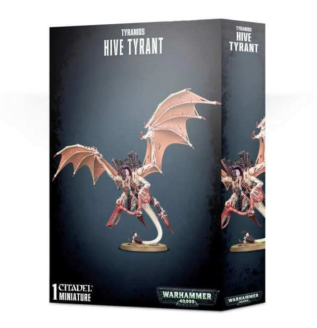 Product packaging for Tyranids Hive Tyrant / Swarmlord miniature, featuring the assembled and painted model on the box art.