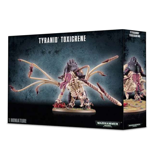 A product box for Games Workshop's Warhammer 40,000 Tyranids Toxicrene miniature, featuring an illustration of the creature with tentacles and a Space Marine Terminator.