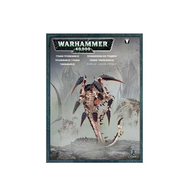 A product image featuring a Warhammer 40,000 Tyranids miniature kit, with a large creature resembling a Trygon or Mawloc, posed on a base.