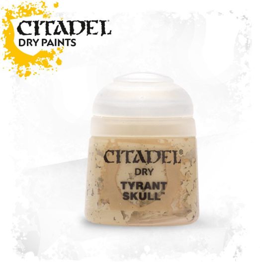 A pot of Citadel dry paint labeled 'Tyrant Skull' intended for drybrushing models.