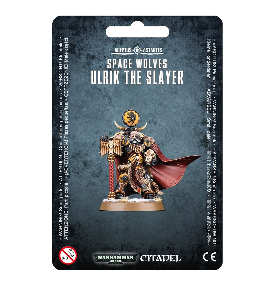 Packaging for Space Wolves Ulrik the Slayer miniature, featuring the assembled and painted figure on a card with 'Warhammer 40,000' and 'Citadel' branding.