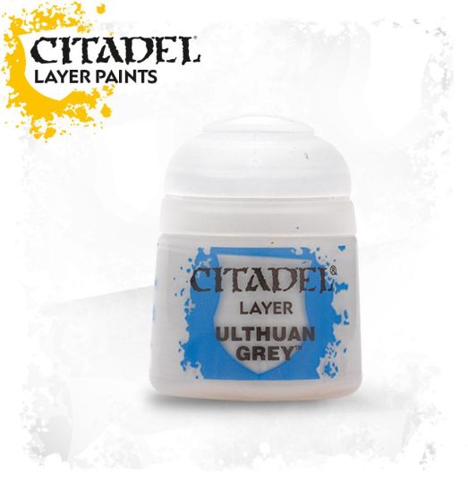 A pot of Citadel Layer paints in the color 'Ulthuan Grey'. The paint is intended for use on miniatures to create a specific shading effect.
