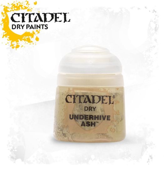 A pot of Citadel dry paint labeled 'Underhive Ash' intended for miniature model painting.