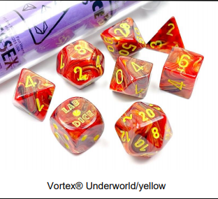 A close up of the chessex Vortex Underworld/ yellow dice set.