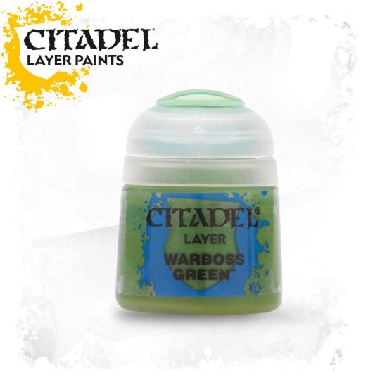 A pot of Citadel Layer paints in Warboss Green color, designed for painting miniatures.