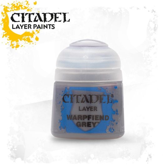 A pot of Citadel Layer paints in the color 'Warpfiend Grey', designed for miniature model painting.