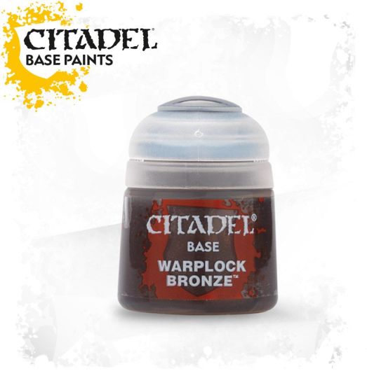 A pot of Citadel Base paint in the color 'Warplock Bronze'. The pot is labeled with the brand and product name, set against a yellow and white background.