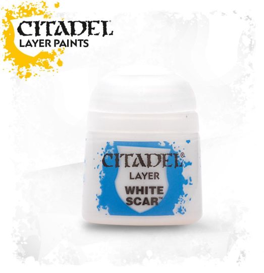 A pot of Citadel Layer paints in the color 'White Scar'. The pot is labeled with the brand and paint name, against a white background with a splash of blue graphic.
