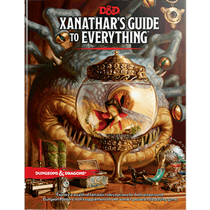 Cover of D&D 5th Edition Xanathar's Guide to Everything featuring an illustration of the beholder Xanathar with a magnifying globe, surrounded by various items including books and magical artifacts.