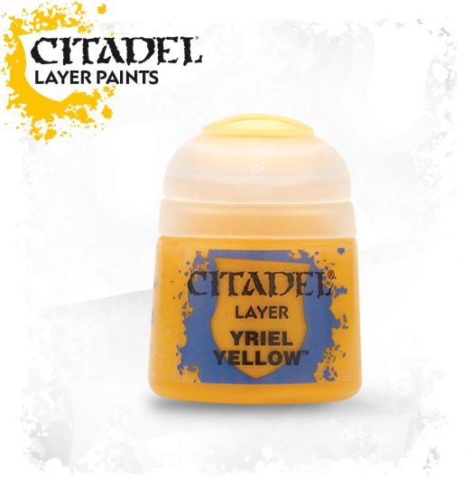 A pot of Citadel Layer Yriel Yellow paint.