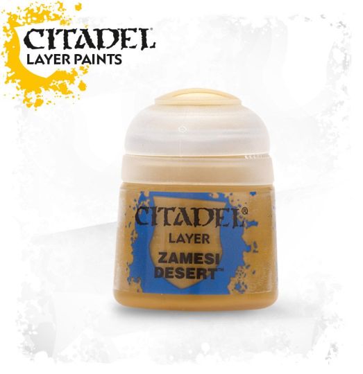 A pot of Citadel Layer paint in the color 'Zamesi Desert', designed for painting miniatures.