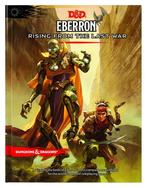 Cover art of D&D 5th Edition Eberron: Rising from the Last War showing two characters, one in the foreground ready for action and the other in the background, with a cityscape and magical elements in the environment.