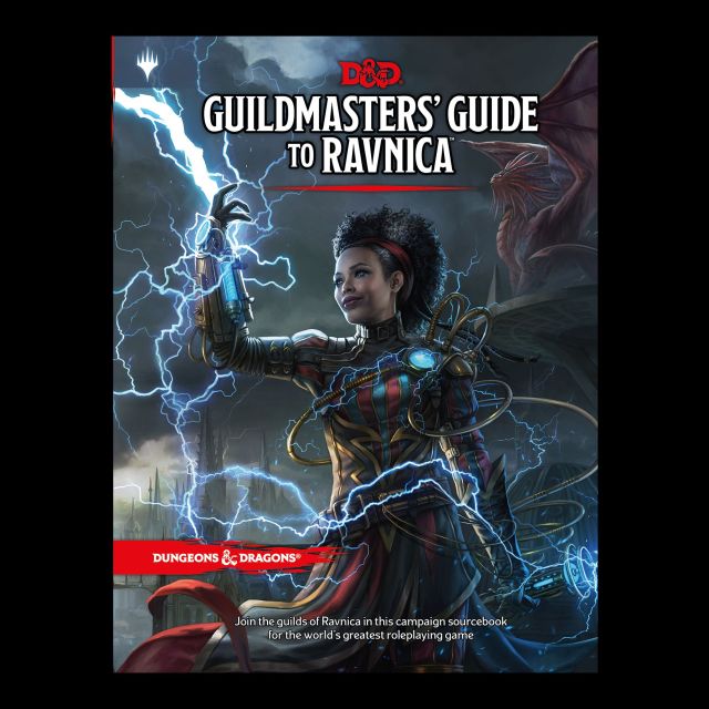 Cover art of the D&D 5th Edition Guildmasters' Guide to Ravnica, featuring a character with a staff and magical energy surrounding them, with a cityscape background.