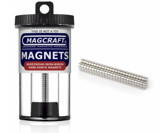 A container of MagCraft rare earth disc magnets, showing the container label and a small cylindrical container with disc-shaped magnets visible through the clear section.