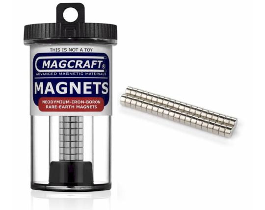 A container of MagCraft rare earth disc magnets alongside an unwrapped tube showing the magnets' linear arrangement.