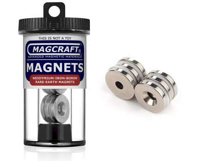 A product image showing cylindrical ring magnets with a countersunk hole, packaged in a clear plastic container with a label that reads 'MagCraft Magnets'.