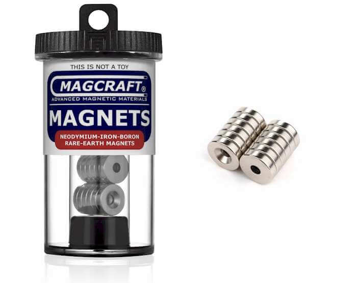 A pack of ring magnets with a nickel-copper-nickel plated finish, displayed alongside their packaging which reads 'MagCraft Magnets'.