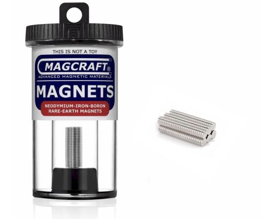 A container of MagCraft rare earth disc magnets, with the container label showing the product details. A small selection of the magnets are displayed outside the container.